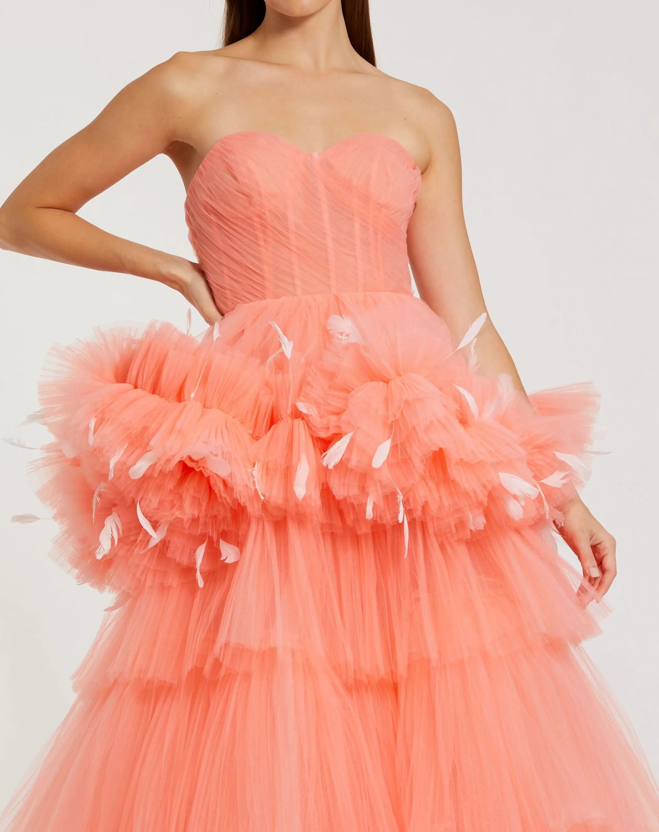Orange Strapless Tulle Gown with Feather Detail - FINAL SALE