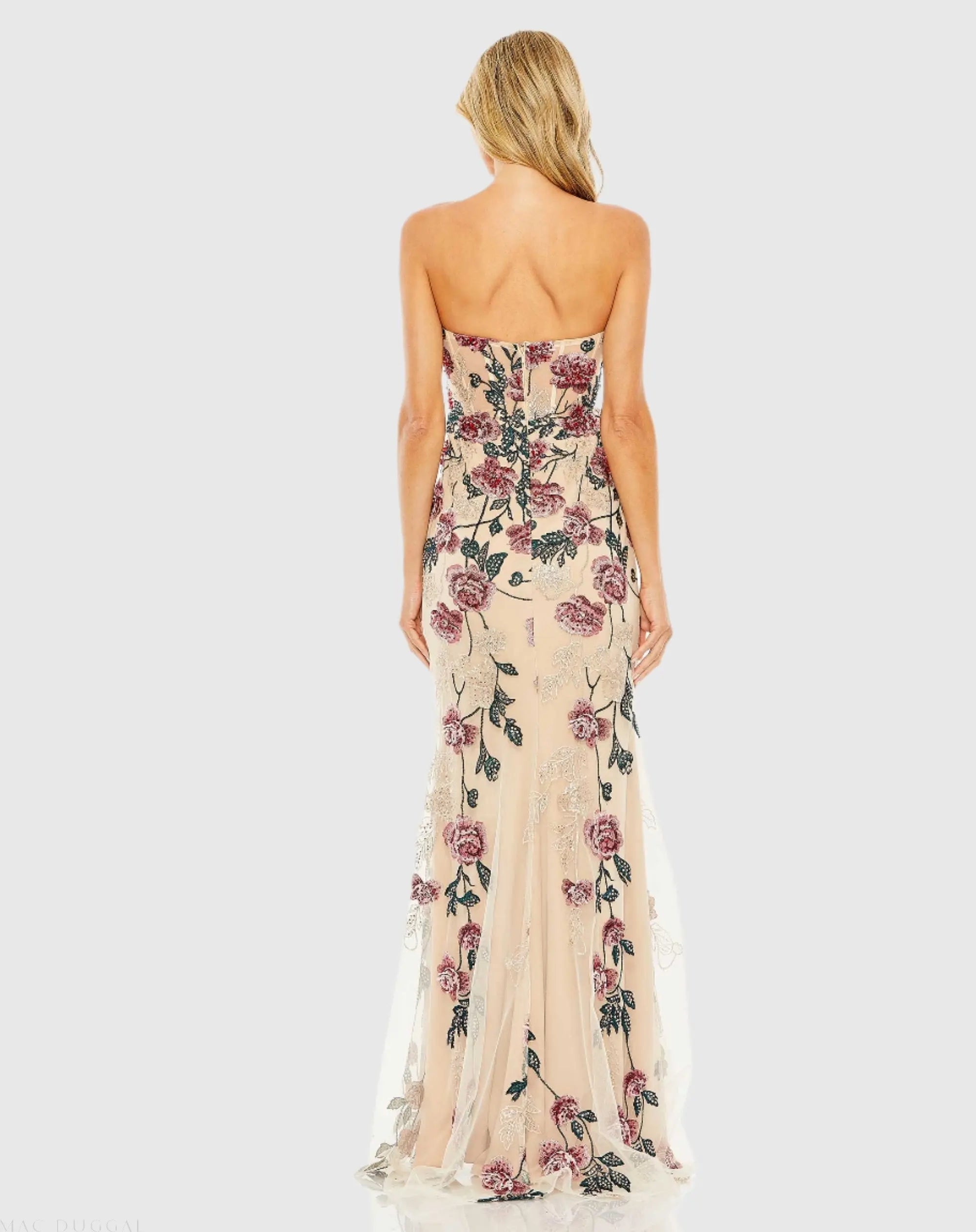 Beige Floral Embroidered Strapless Gown