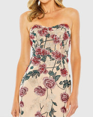 Beige Floral Embroidered Strapless Gown