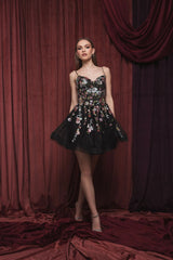 Black Thin Strap Floral Embroidered Mini Dress