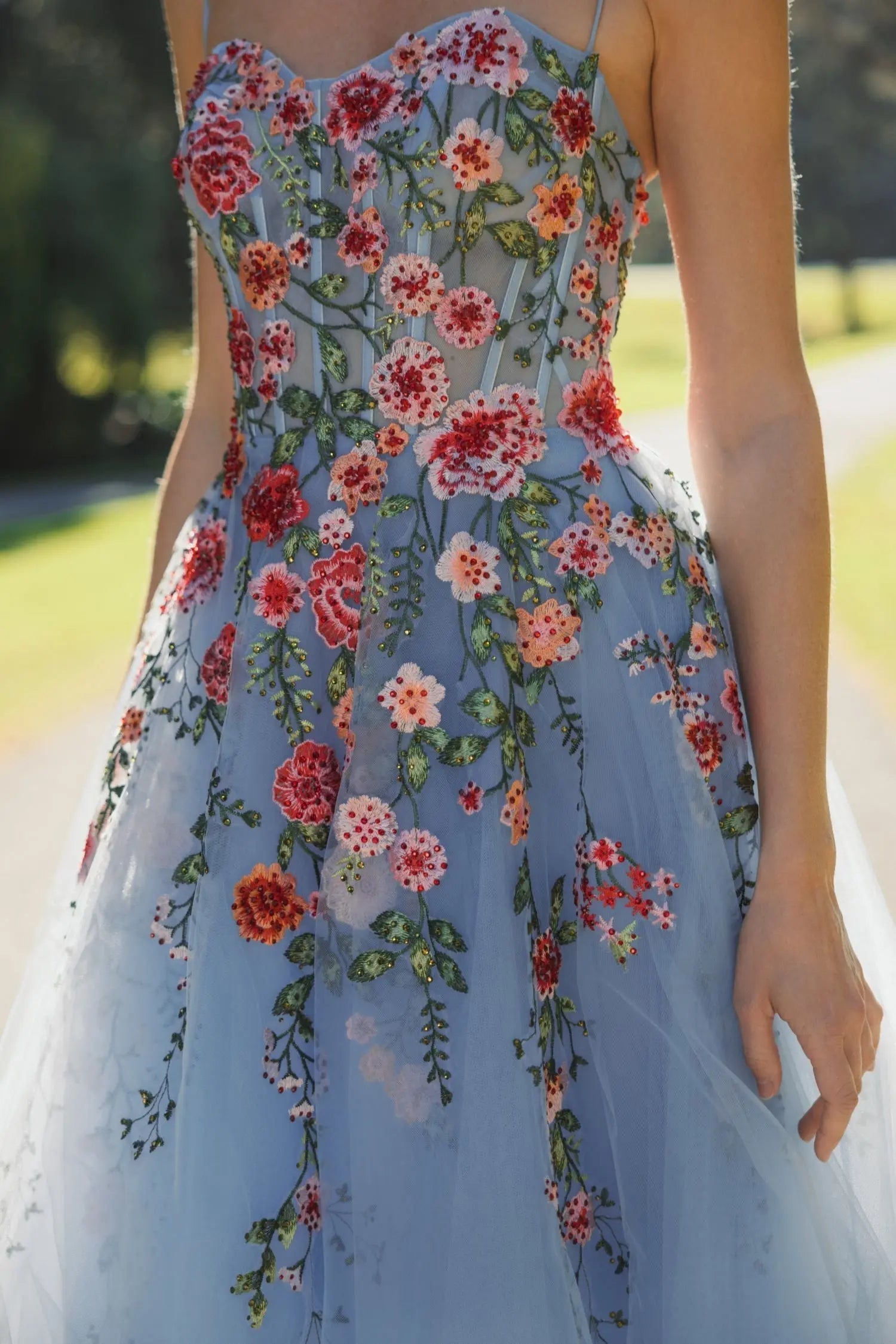 Blue Bustier Embroidered Floral A-Line Dress