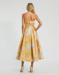 Beige and Orange Strapless Brocade Midi Dress with Pockets
