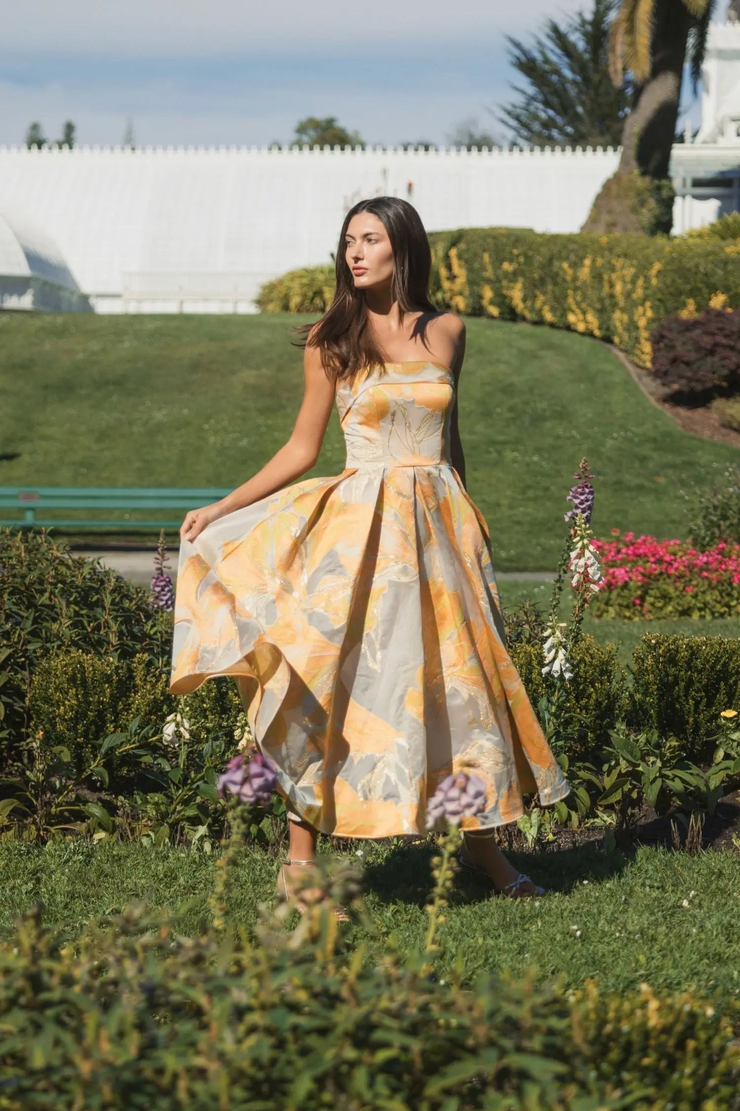 Beige and Orange Strapless Brocade Midi Dress with Pockets