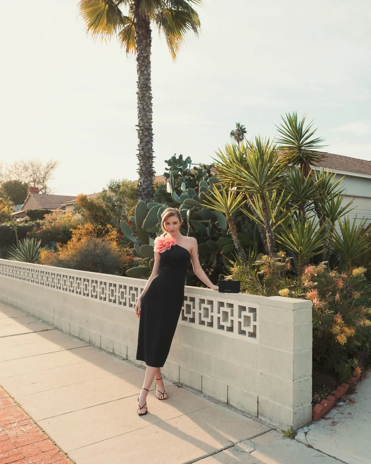 Black Crepe One Shoulder Midi Dress With Flower