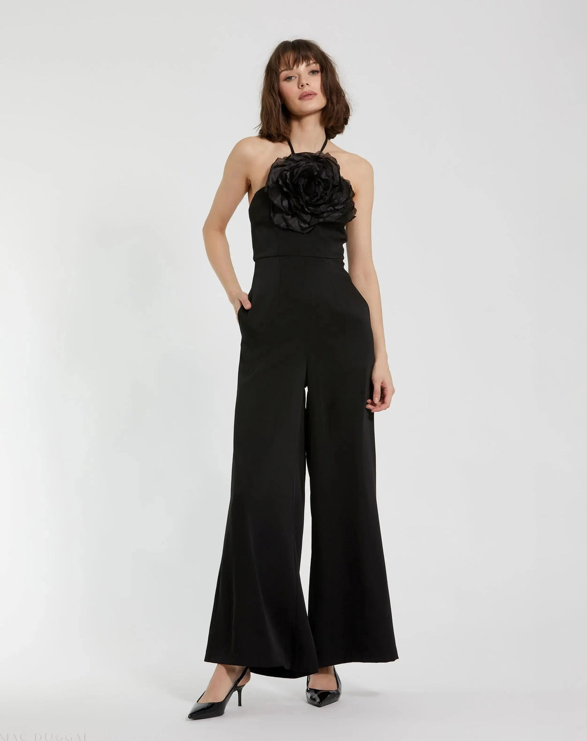 Halter Neck Crepe Jumpsuit With Flower