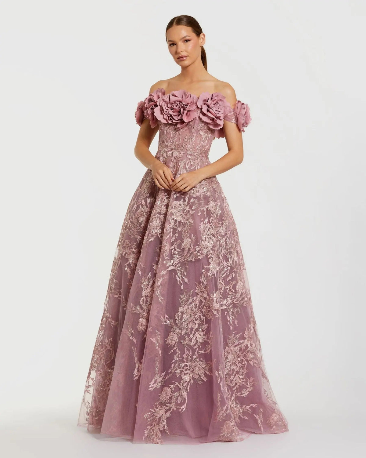 Purple Floral Embroidered Off The Shoulder A-line Gown