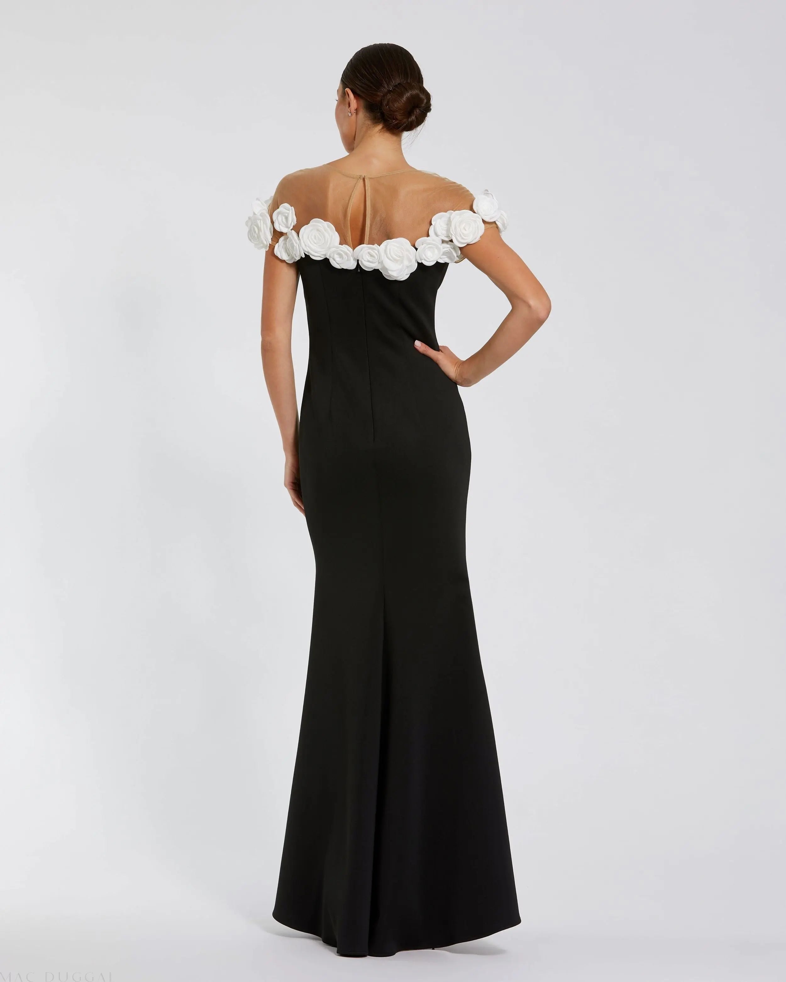 Black and White Stretch Crepe Mermaid Gown With 3D Flowers