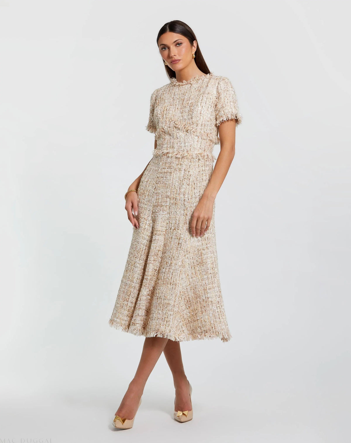 Beige Boucle Short Sleeve A Line Midi Dress