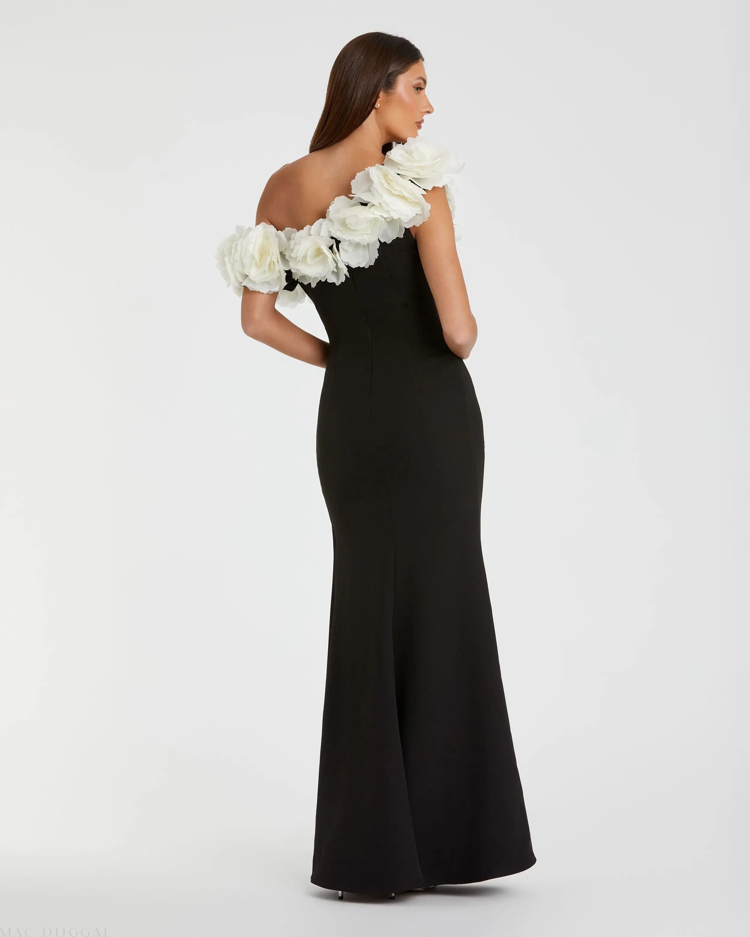 Black and White Jersey Gown With 3D Flower Off The Shoulder Detail