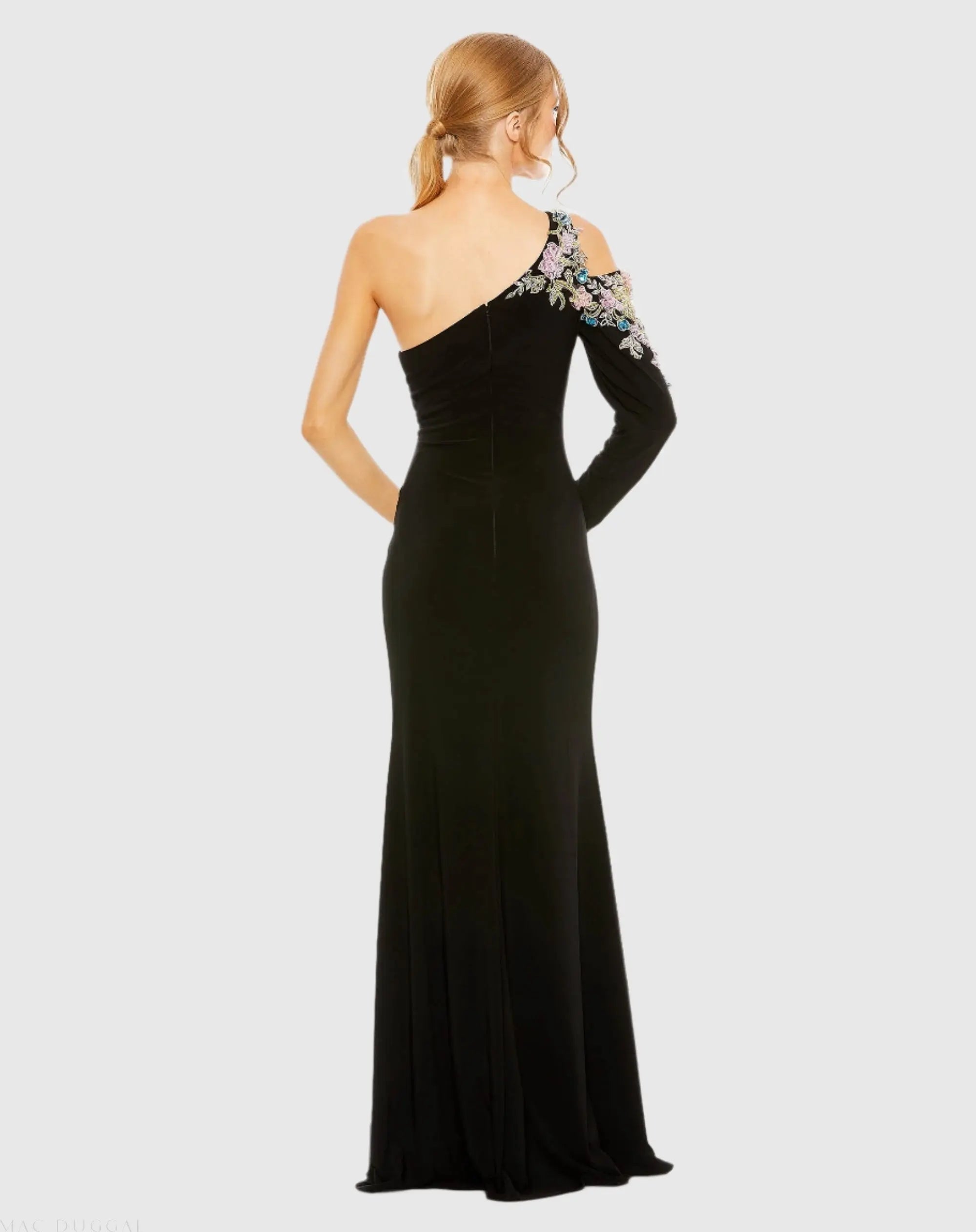 Black One Shoulder Long Sleeve Floral Embellished Gown
