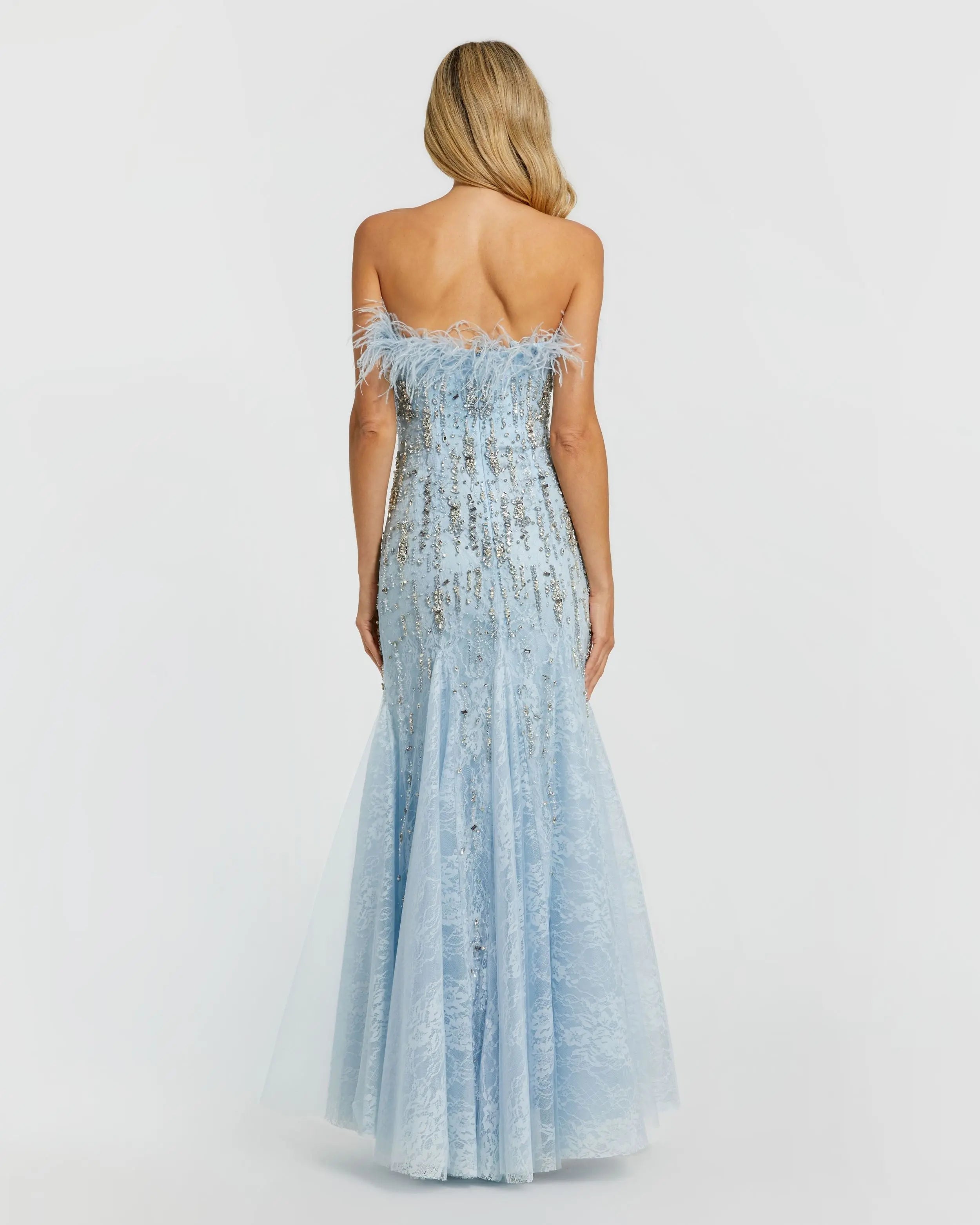 Blue Feather Embellished Strapless Trumpet Gown