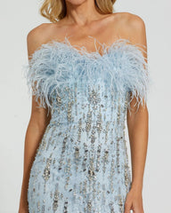 Blue Feather Embellished Strapless Trumpet Gown