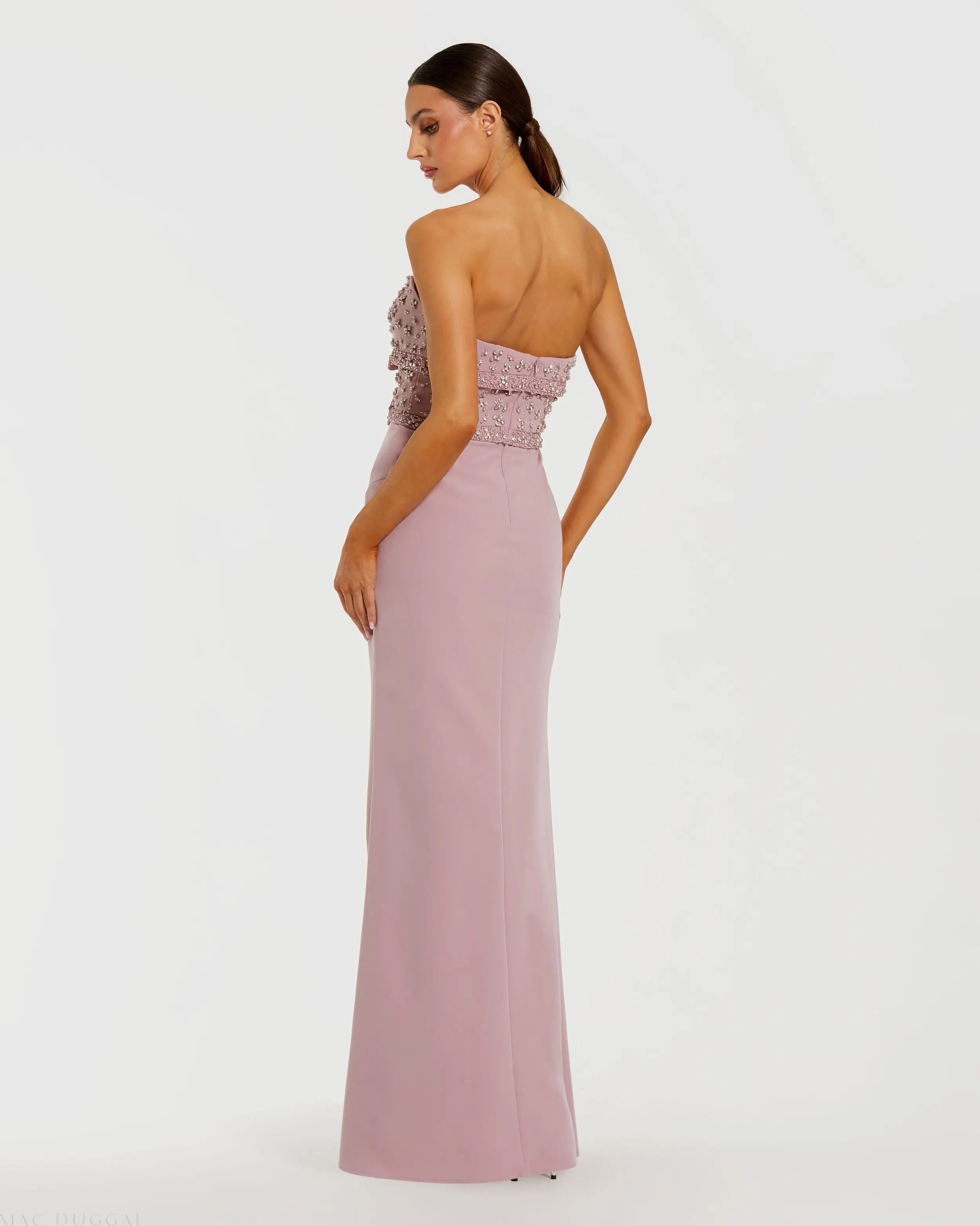 Pink Strapless Rhinestone Bodice Crepe Gown