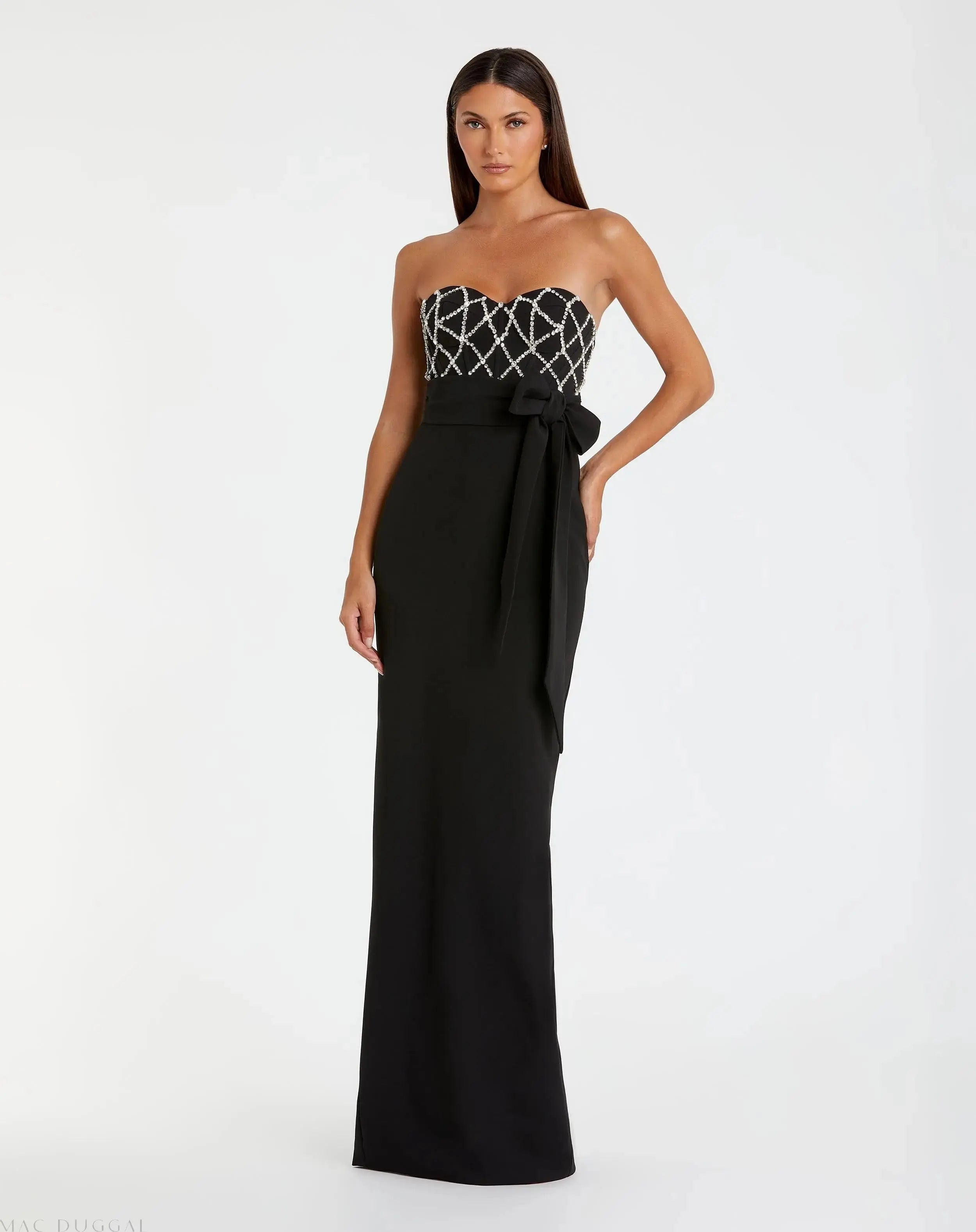 Embellished Strapless Bustier With Bow Crepe Gown