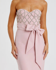 Pink Strapless Crepe Embellished Bustier Gown With Bow