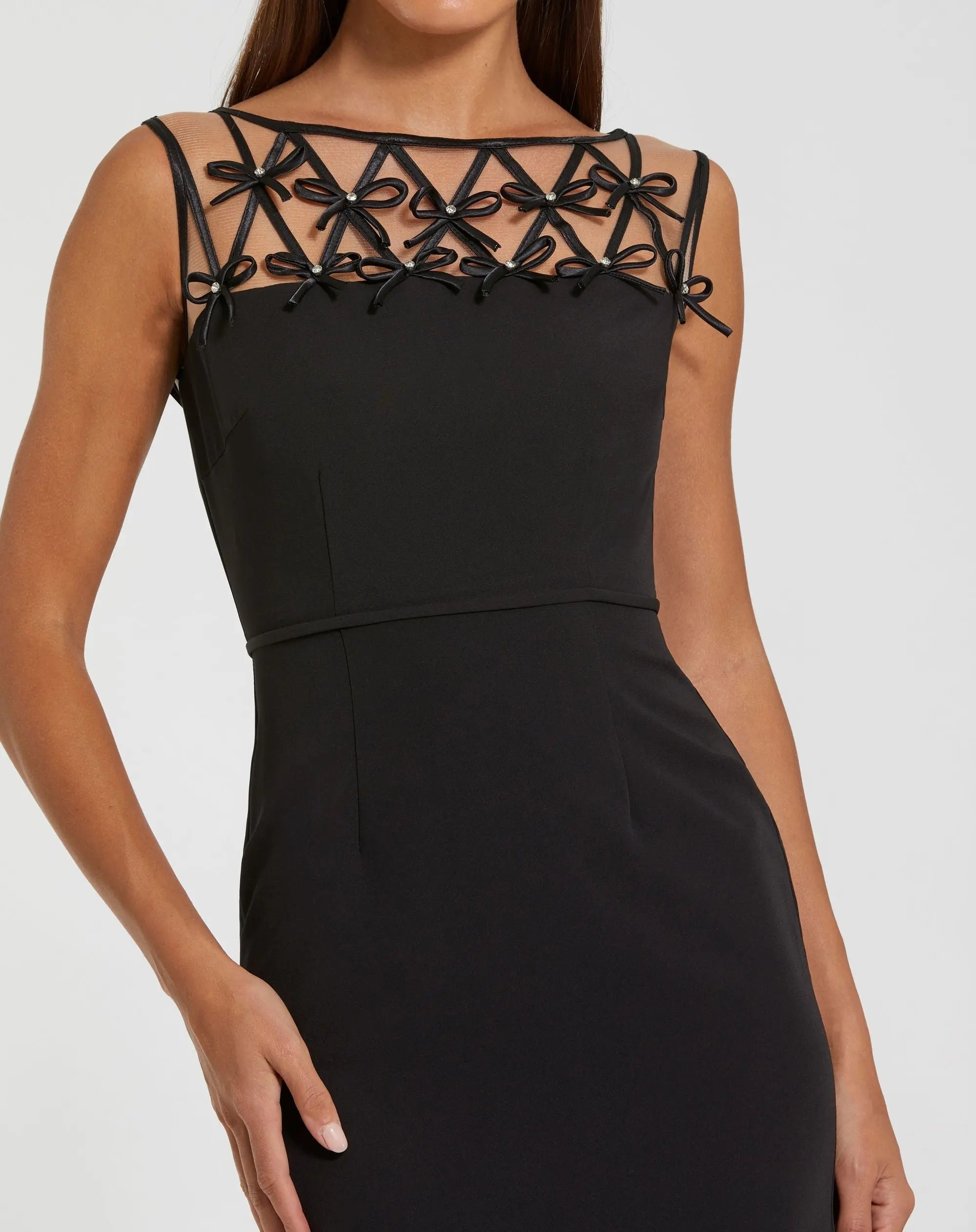Black Sleeveless Crepe Gown With Embellished Bows