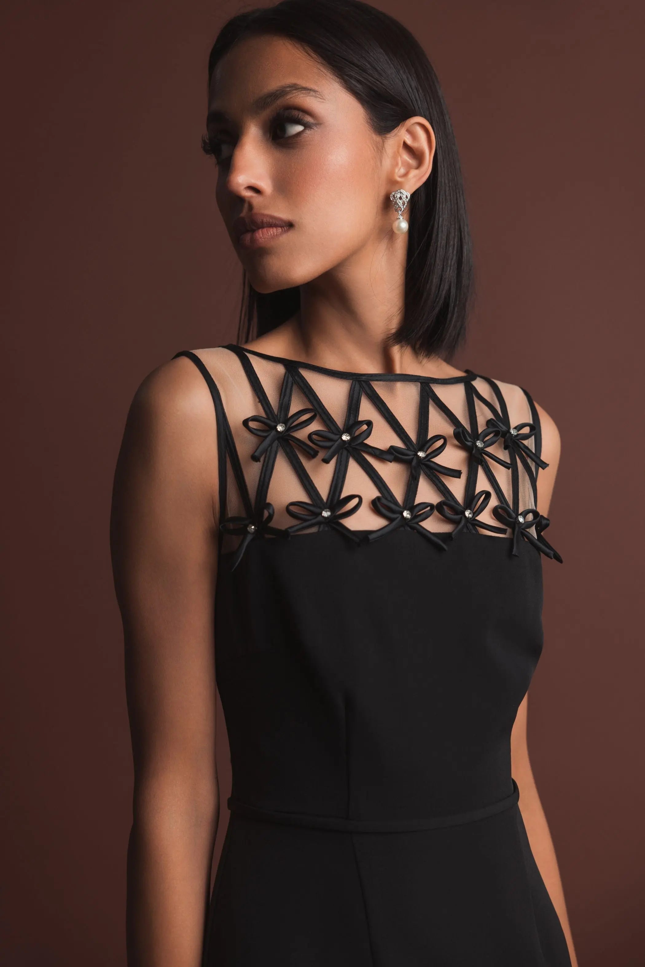 Black Sleeveless Crepe Gown With Embellished Bows