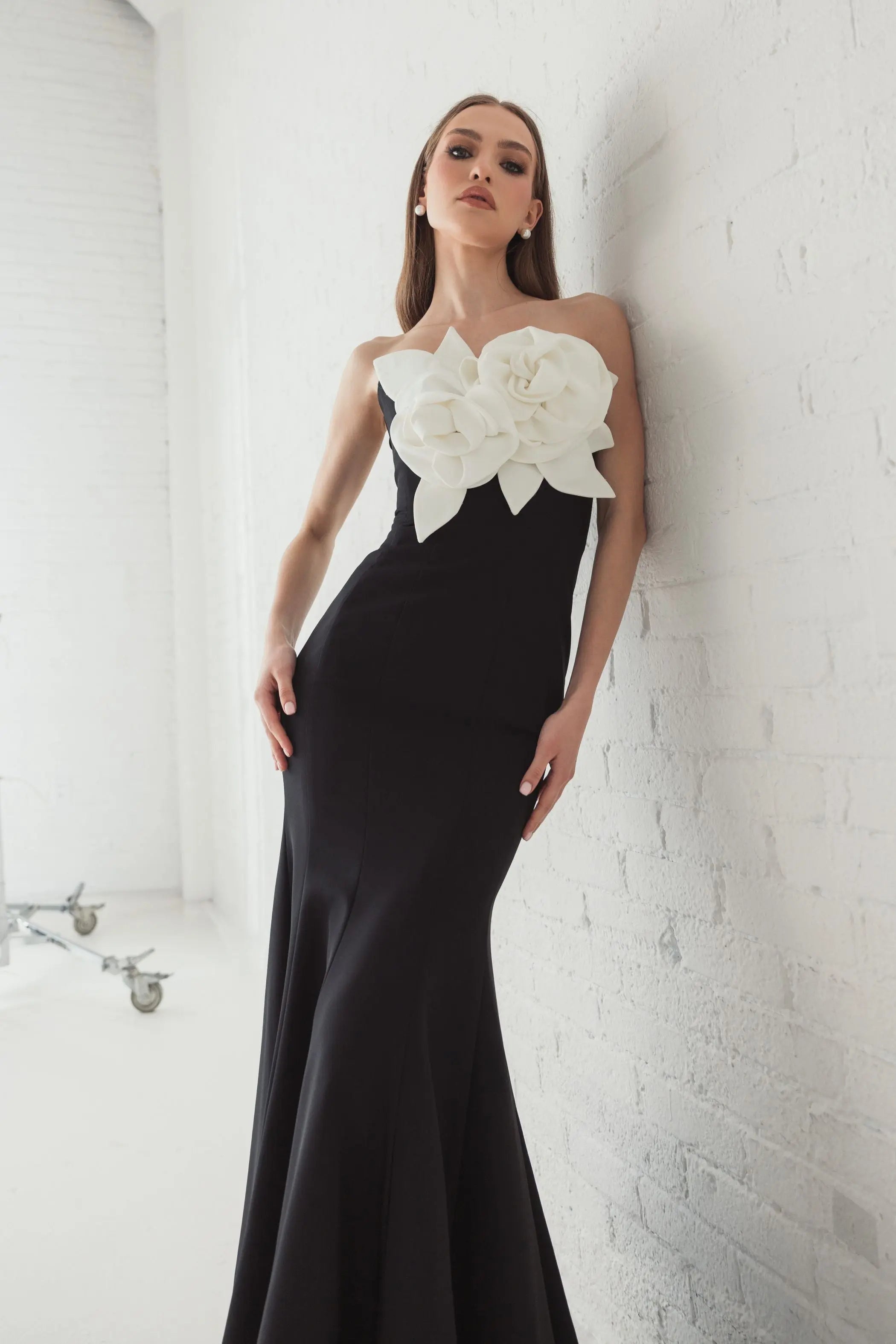 Black Strapless Crepe Mermaid Gown With 3D Flowers