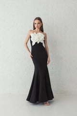 Black Strapless Crepe Mermaid Gown With 3D Flowers