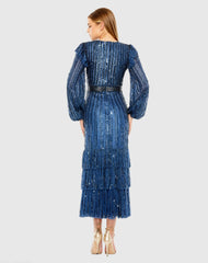 Blue Long Sleeve Ruffle Detail Sequin Dress