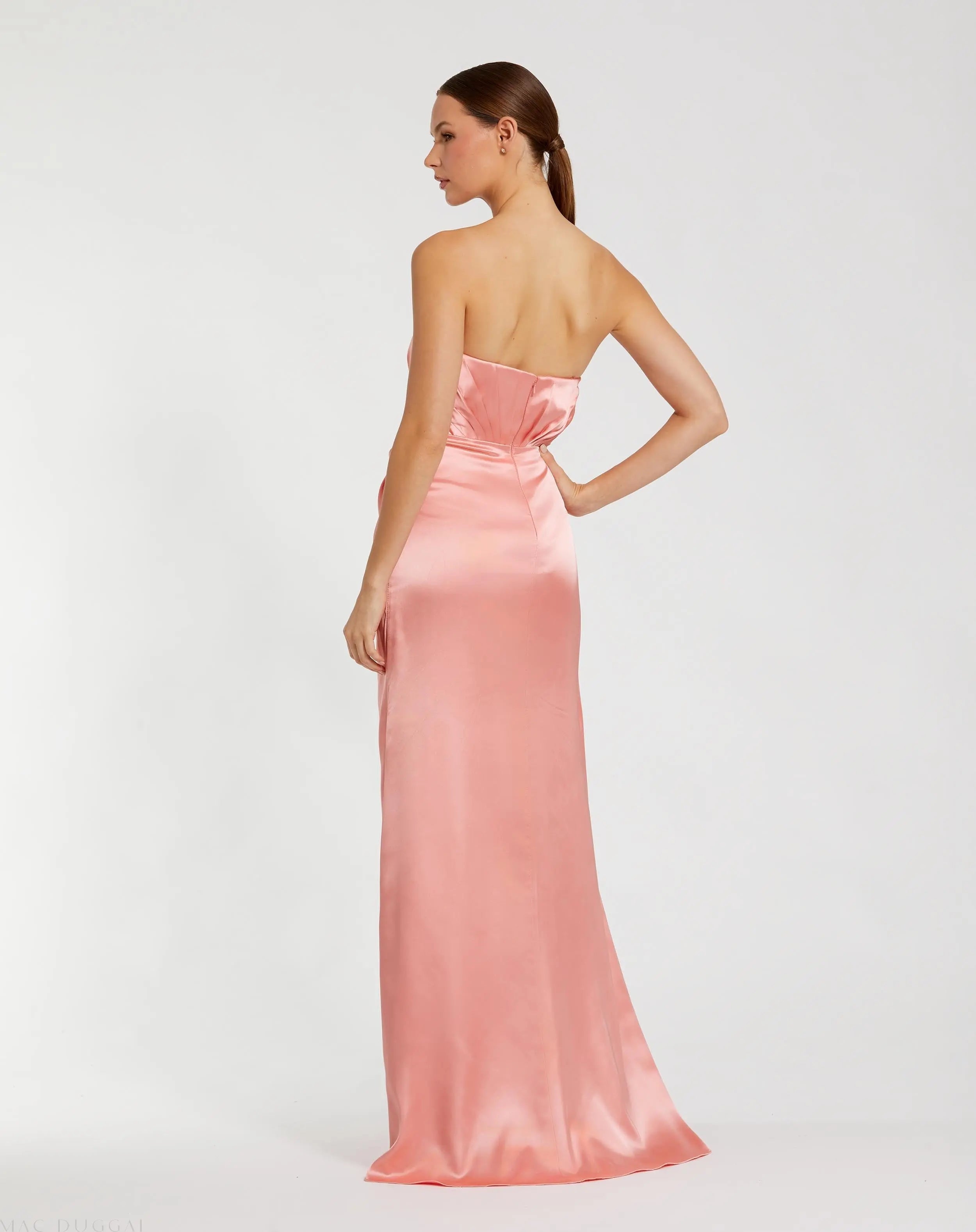 Pink Strapless Satin Gown With 3D Flower