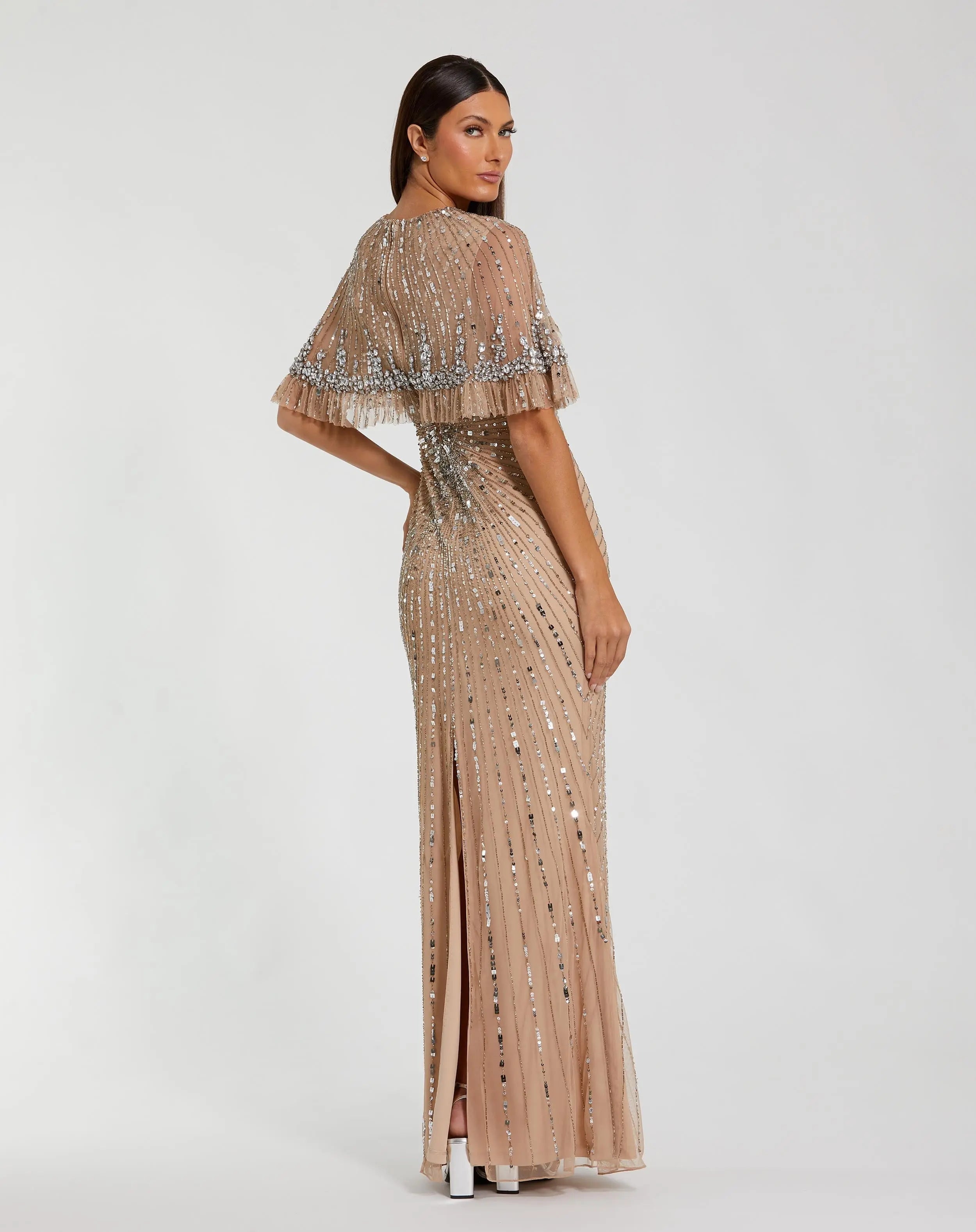 Beige Embellished Mesh Fitted Gown With Capelet
