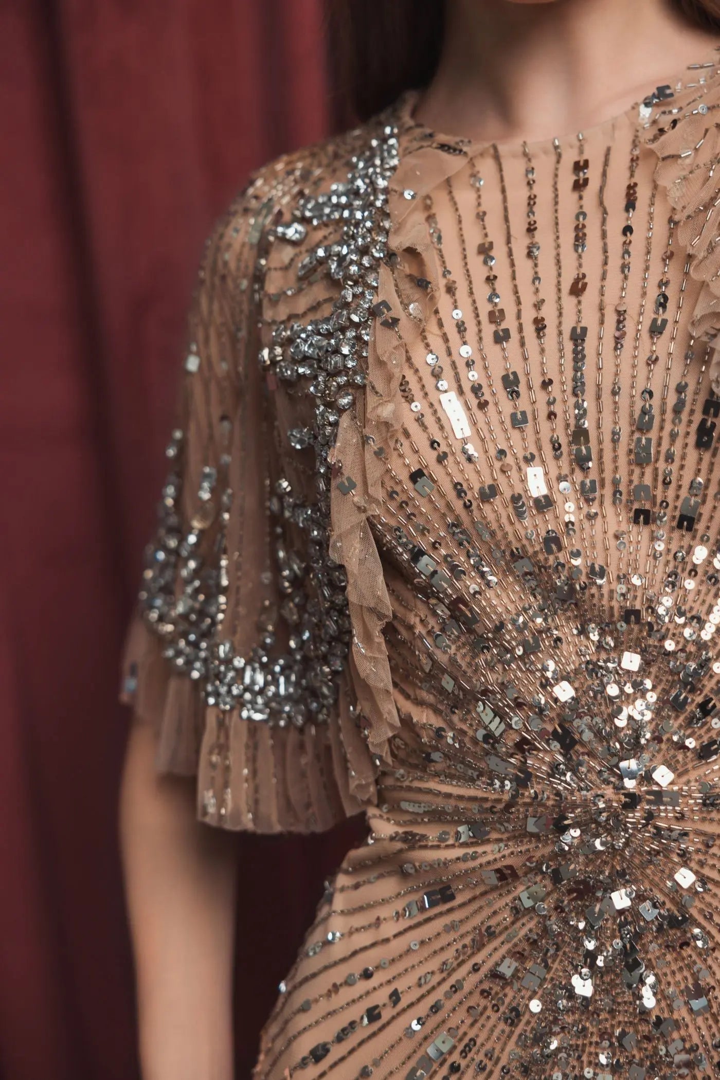 Beige Embellished Mesh Fitted Gown With Capelet