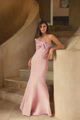 Pink Beaded Off-the-Shoulder Satin Trumpet Gown