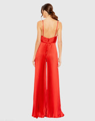 Red Pleated Plunge Neck Wide Leg Jumpsuit