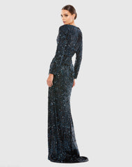 Navy Long Sleeve Sequined Gown