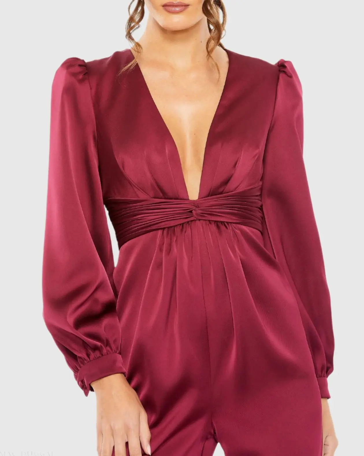 Red Front Twist Puff Sleeve Deep V Jumpsuit