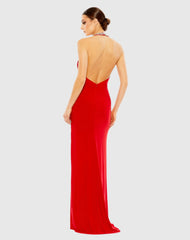 Red Rhinestone Accented Halter Gown