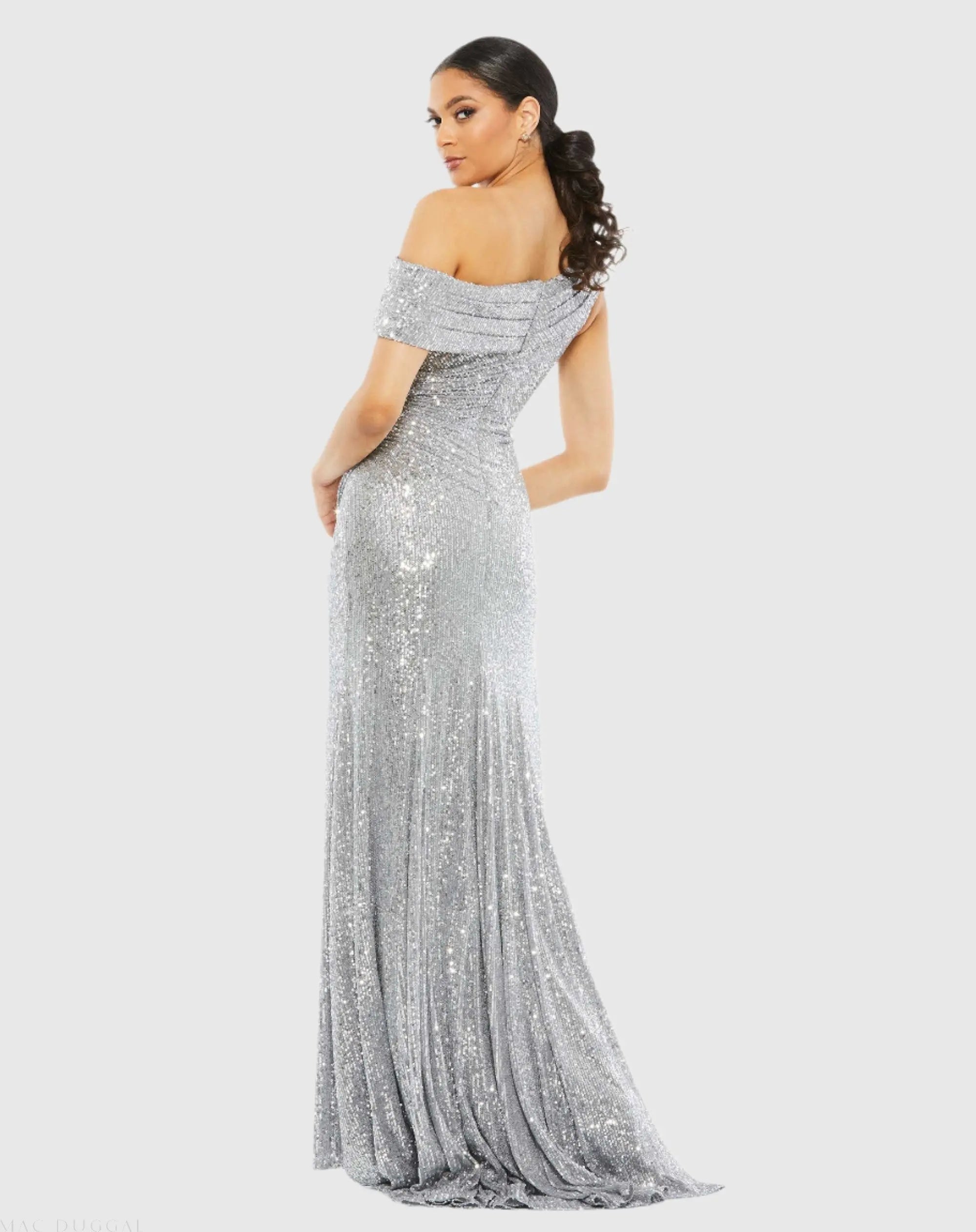 Silver Sequined Drop Shoulder Gown