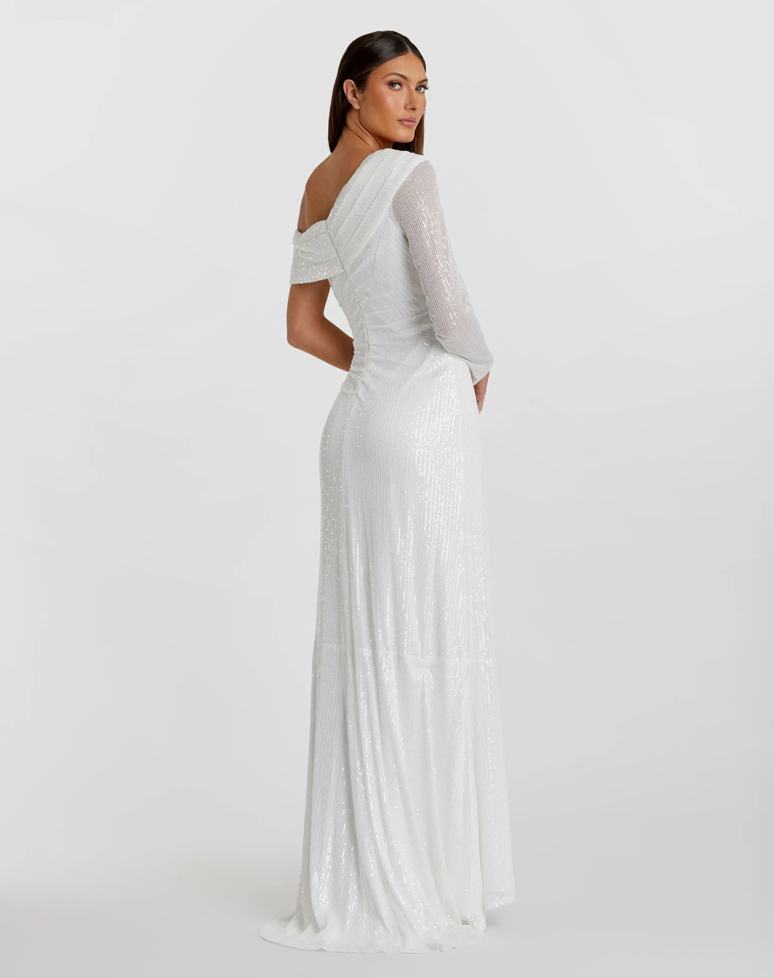 White Sequined Drop Shoulder Faux Wrap Gown - FINAL SALE