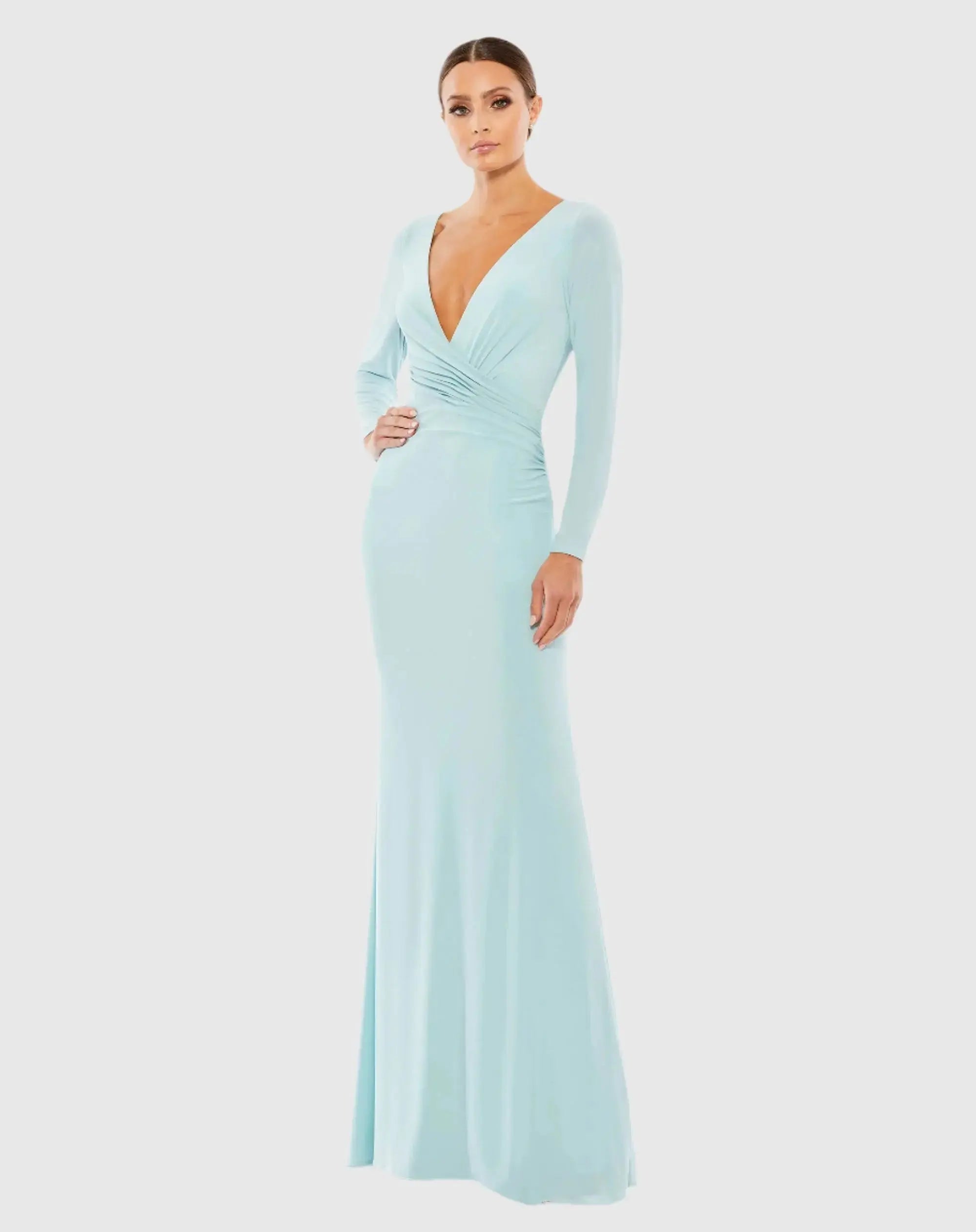 Long Sleeve Ruched Jersey V-Neck Gown
