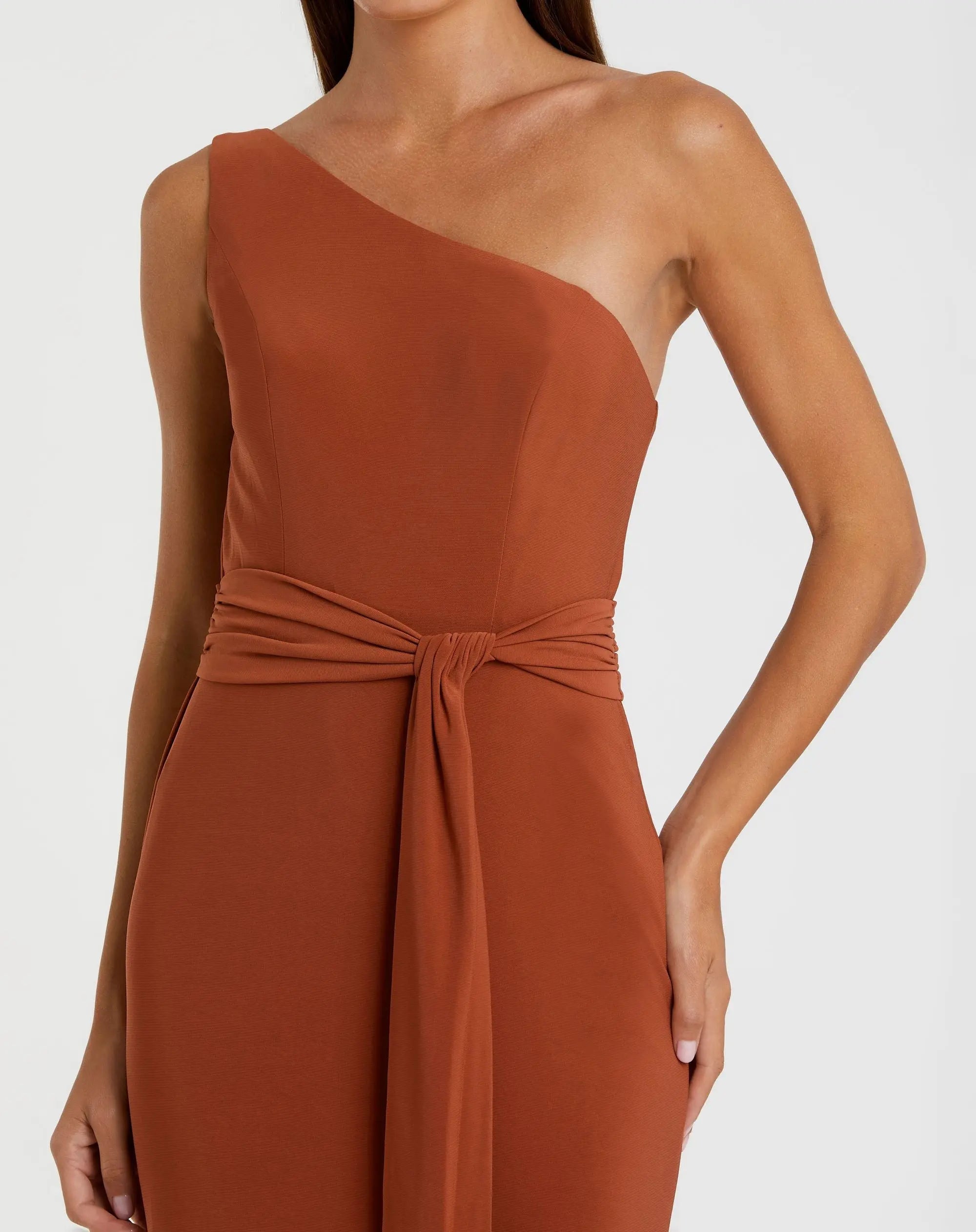 Orange Jersey One Shoulder Belted Trumpet Gown