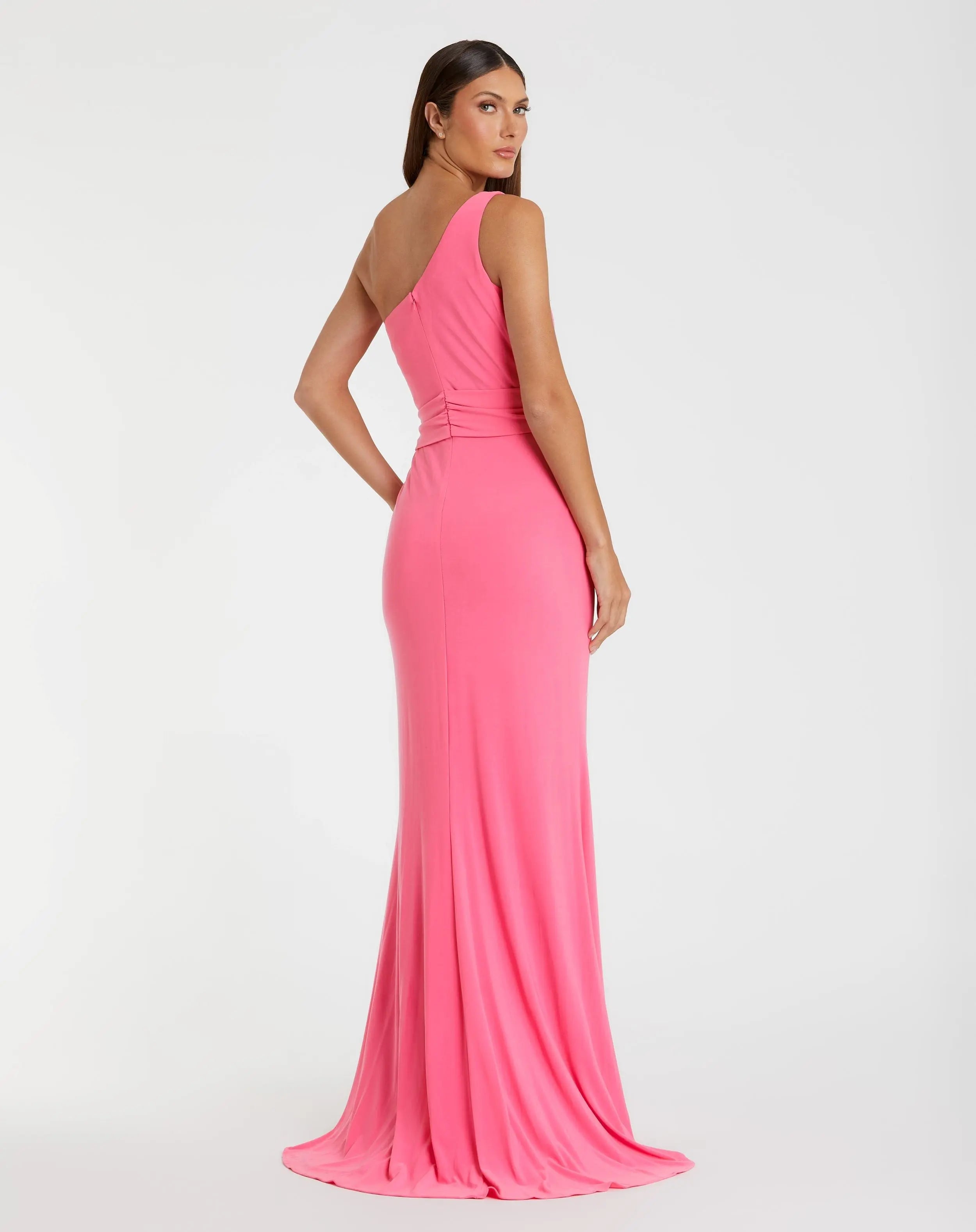 Pink Jersey One Shoulder Belted Trumpet Gown