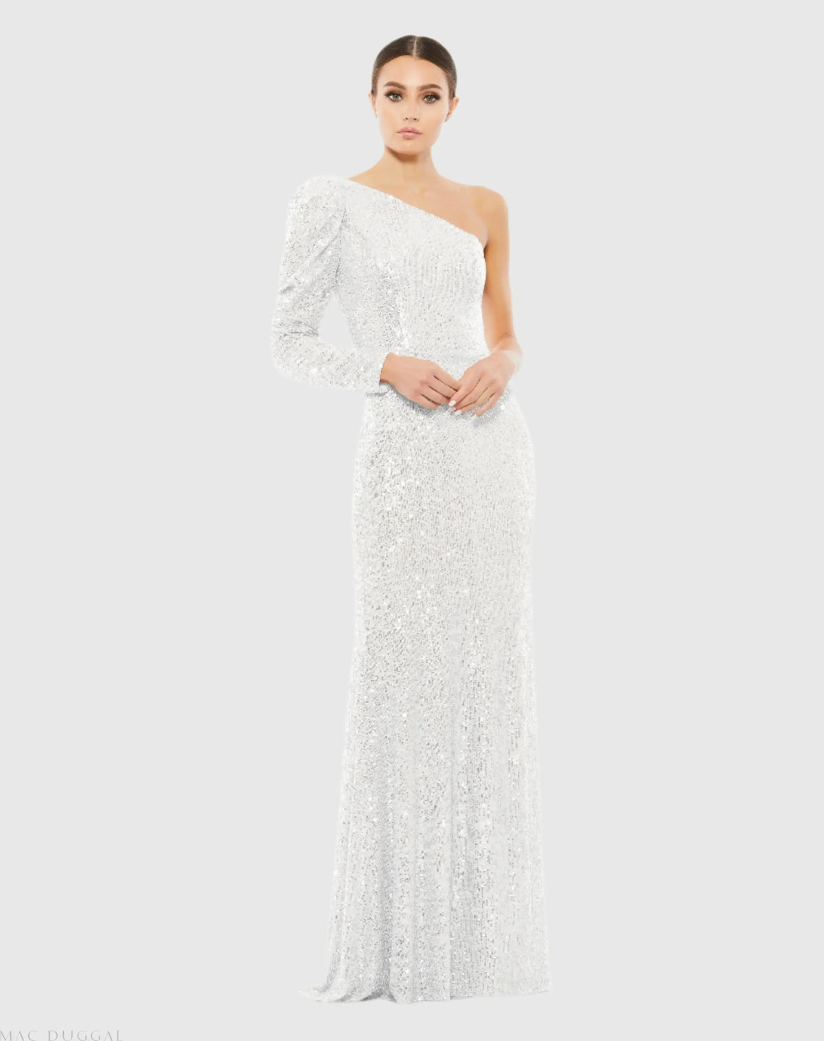 White Sequined One Shoulder Trumpet Gown