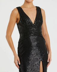 Black V-Neck Sequin Wrap Waist Gown