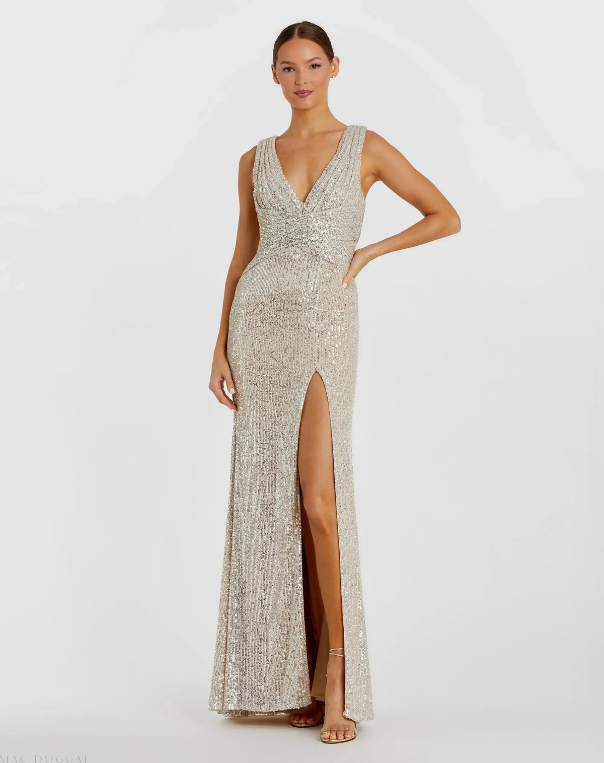 Silver V-Neck Sequin Wrap Waist Gown