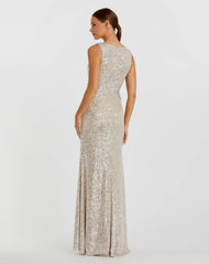 Silver V-Neck Sequin Wrap Waist Gown
