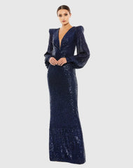 Navy Sequined Plunge Neck Structured Bishop Sleeve Gown