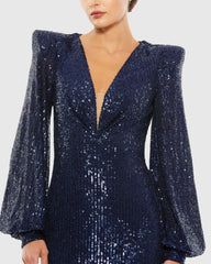 Navy Sequined Plunge Neck Structured Bishop Sleeve Gown
