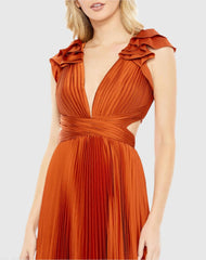 Dark Orange Pleated Ruffled Cap Sleeve Cut Out Lace Up Gown