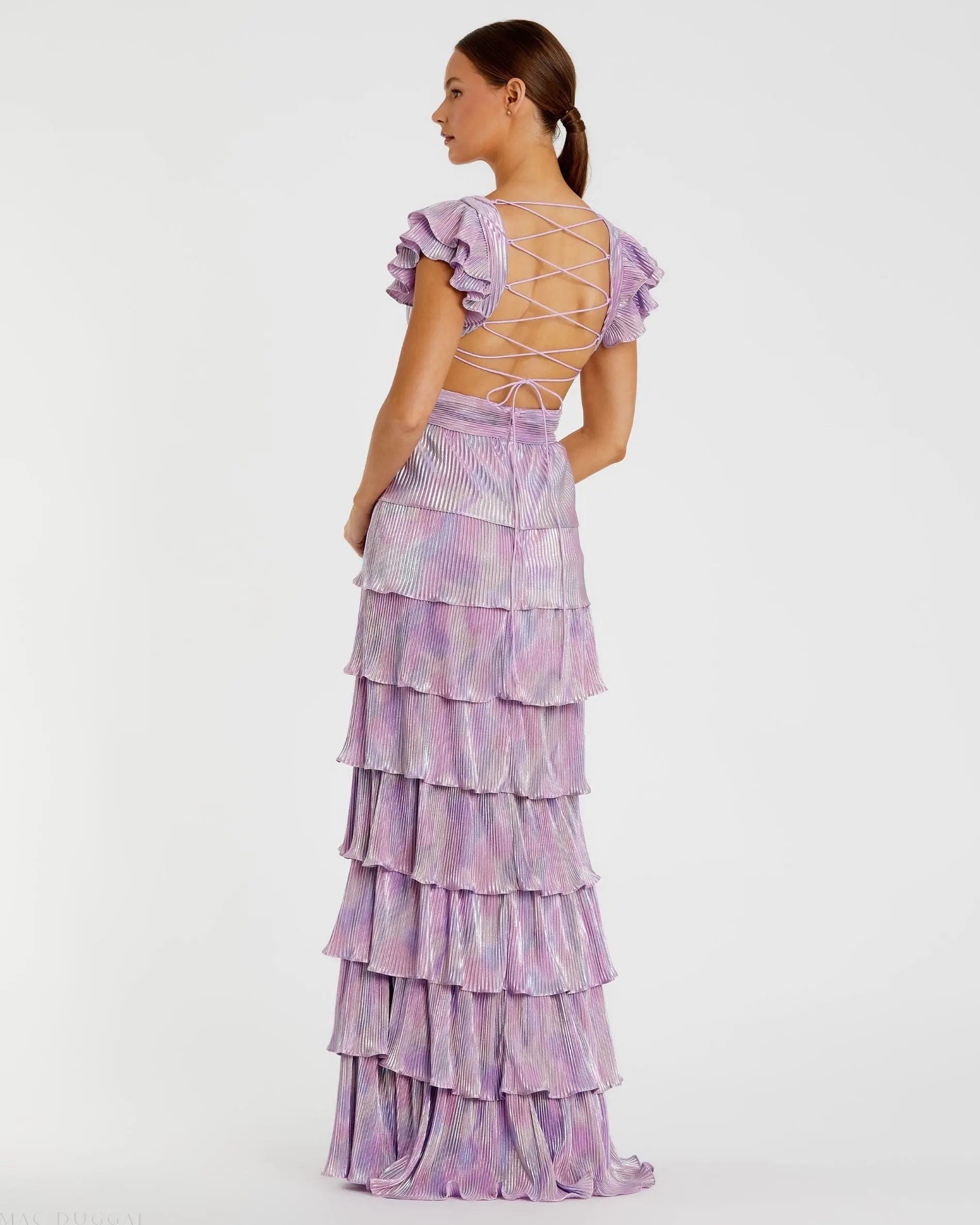 Purple Ruffle Tiered Criss Cross Lace Up Gown