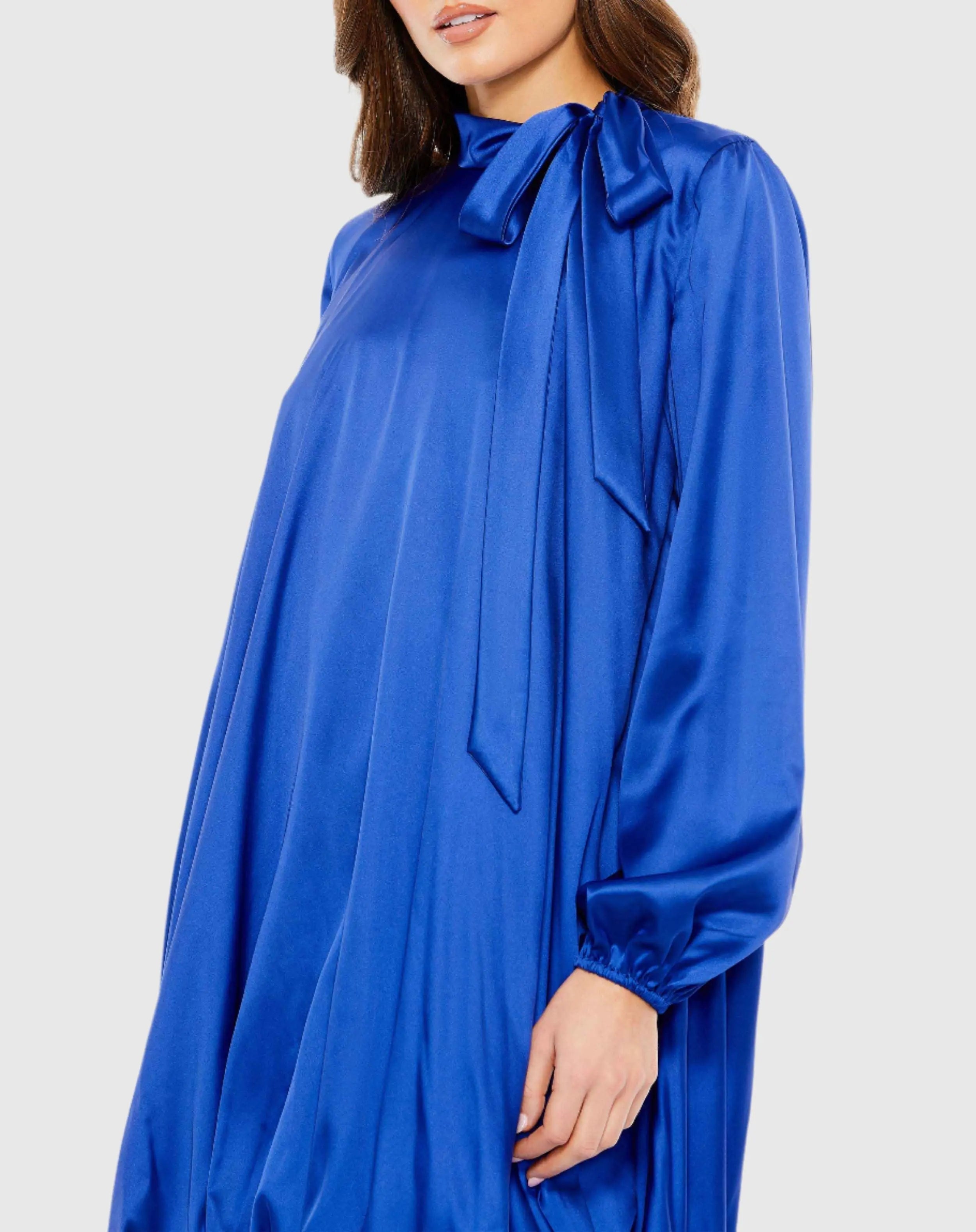 Blue High Neck Long Sleeve Bubble Hem Dress