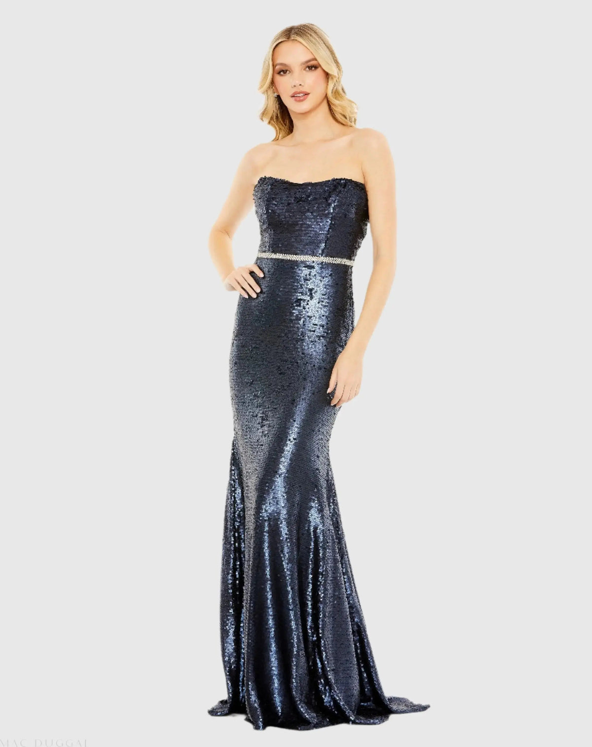 Sequined Strapless Rhinestone Belt Gown