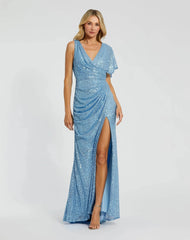 Blue Sequined Asymmetrical Draped Trumpet Gown