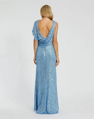 Blue Sequined Asymmetrical Draped Trumpet Gown