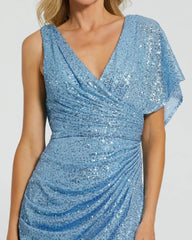 Blue Sequined Asymmetrical Draped Trumpet Gown
